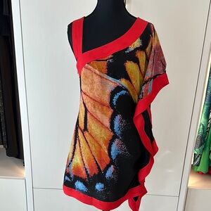 Vibrant Butterfly Print Dress with Red Trim